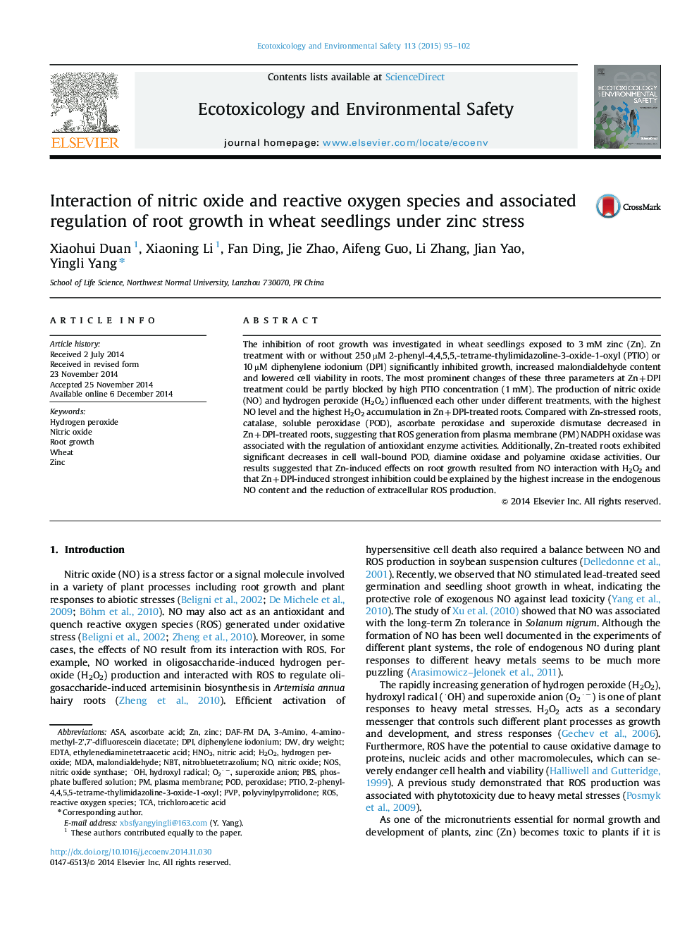 Interaction of nitric oxide and reactive oxygen species and associated regulation of root growth in wheat seedlings under zinc stress