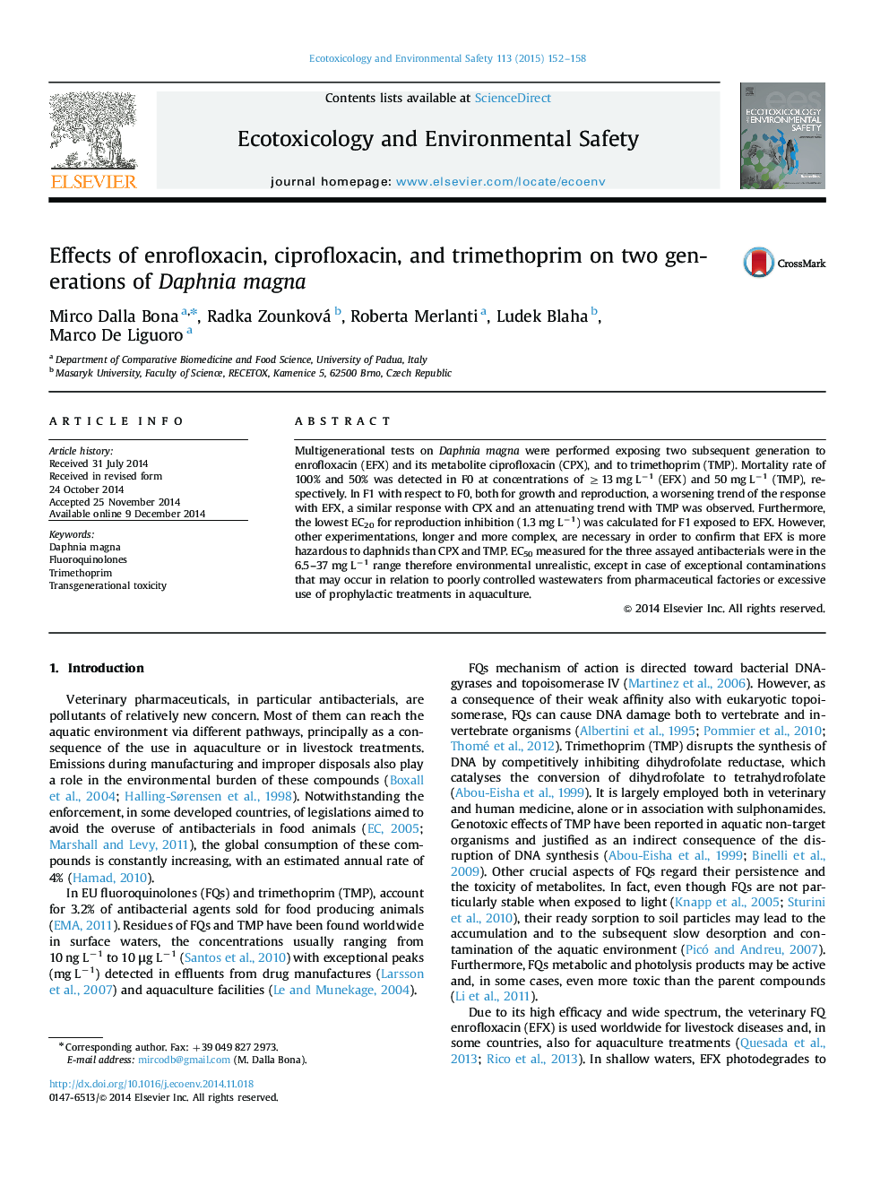 Effects of enrofloxacin, ciprofloxacin, and trimethoprim on two generations of Daphnia magna