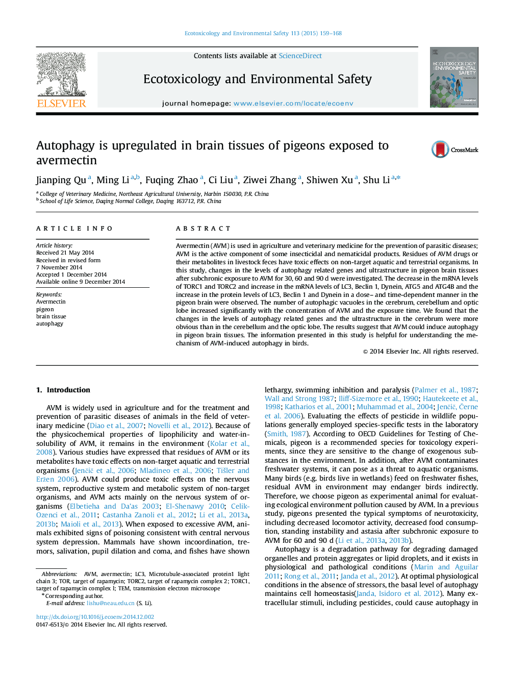 Autophagy is upregulated in brain tissues of pigeons exposed to avermectin