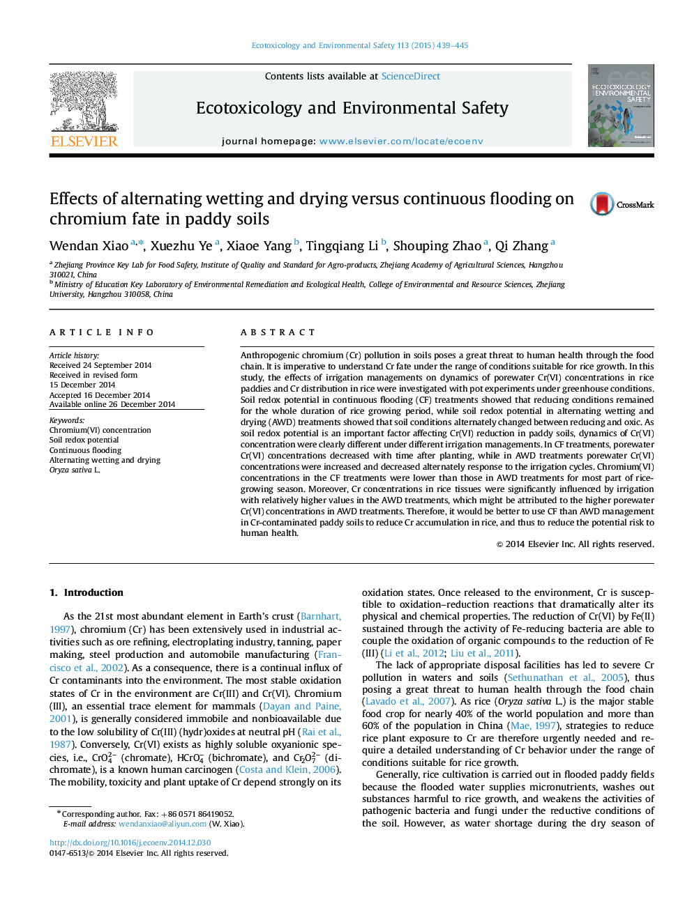 Effects of alternating wetting and drying versus continuous flooding on chromium fate in paddy soils