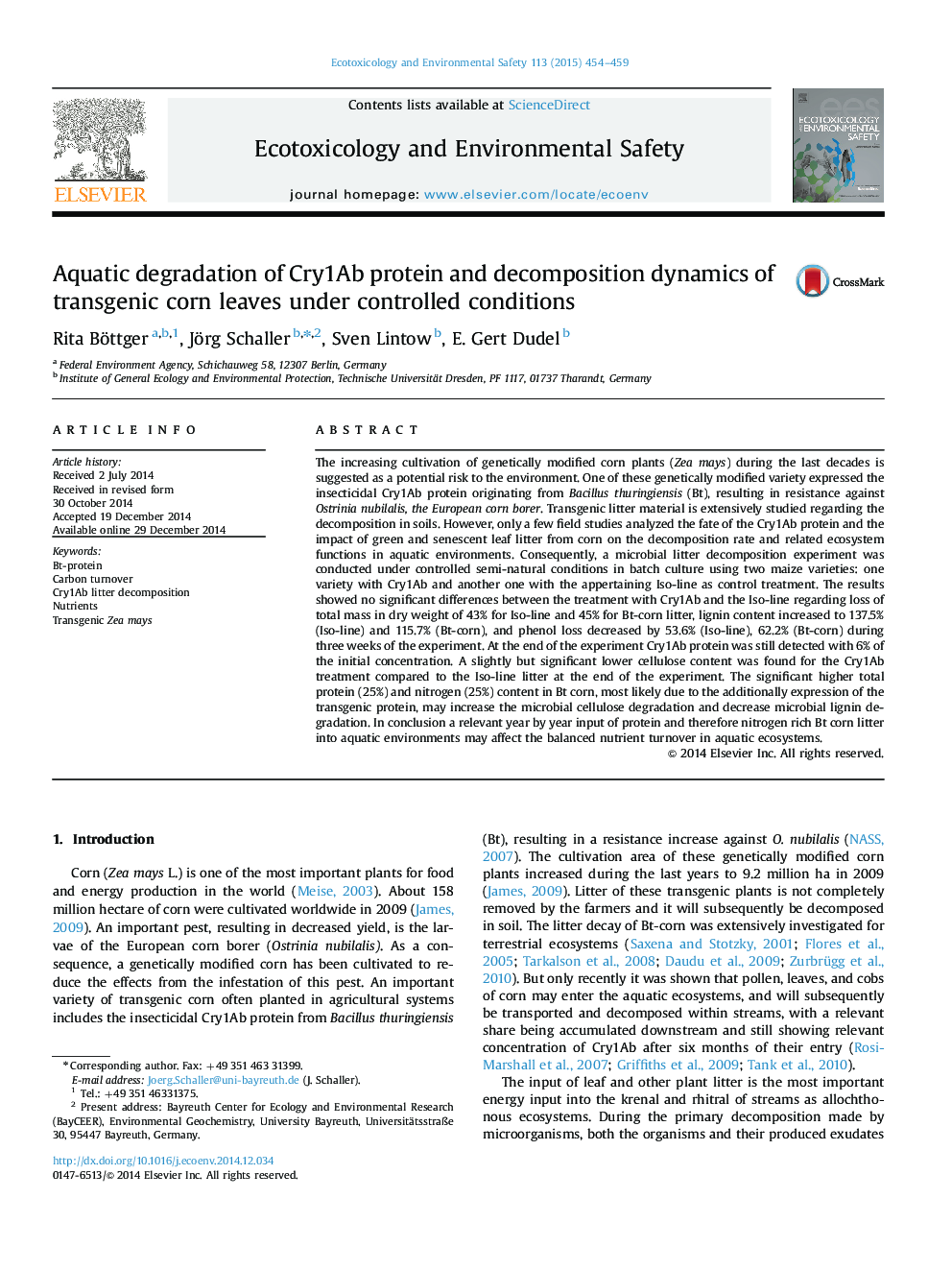 Aquatic degradation of Cry1Ab protein and decomposition dynamics of transgenic corn leaves under controlled conditions