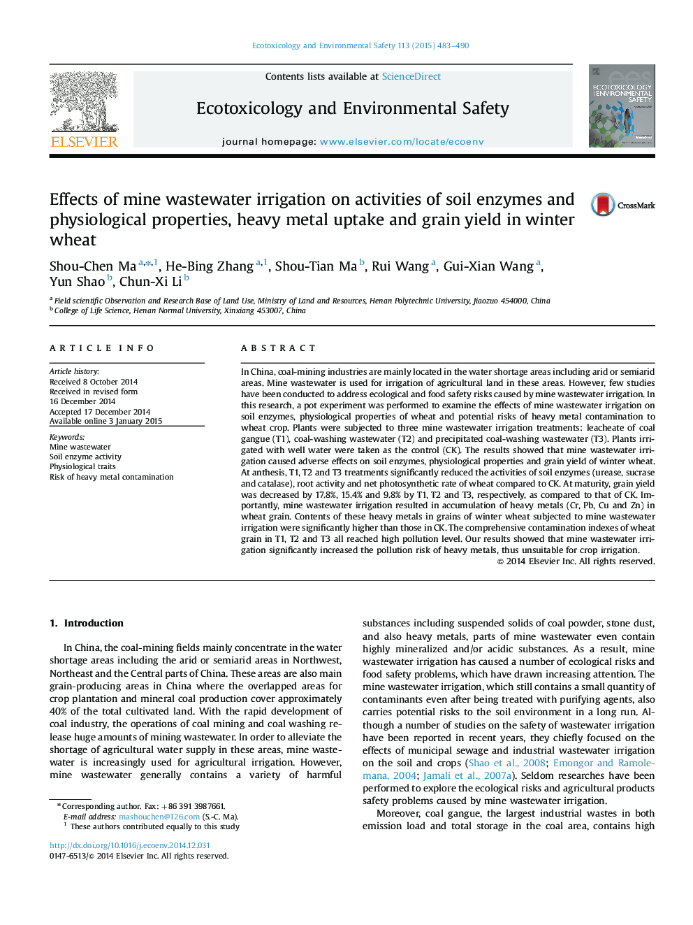 Effects of mine wastewater irrigation on activities of soil enzymes and physiological properties, heavy metal uptake and grain yield in winter wheat