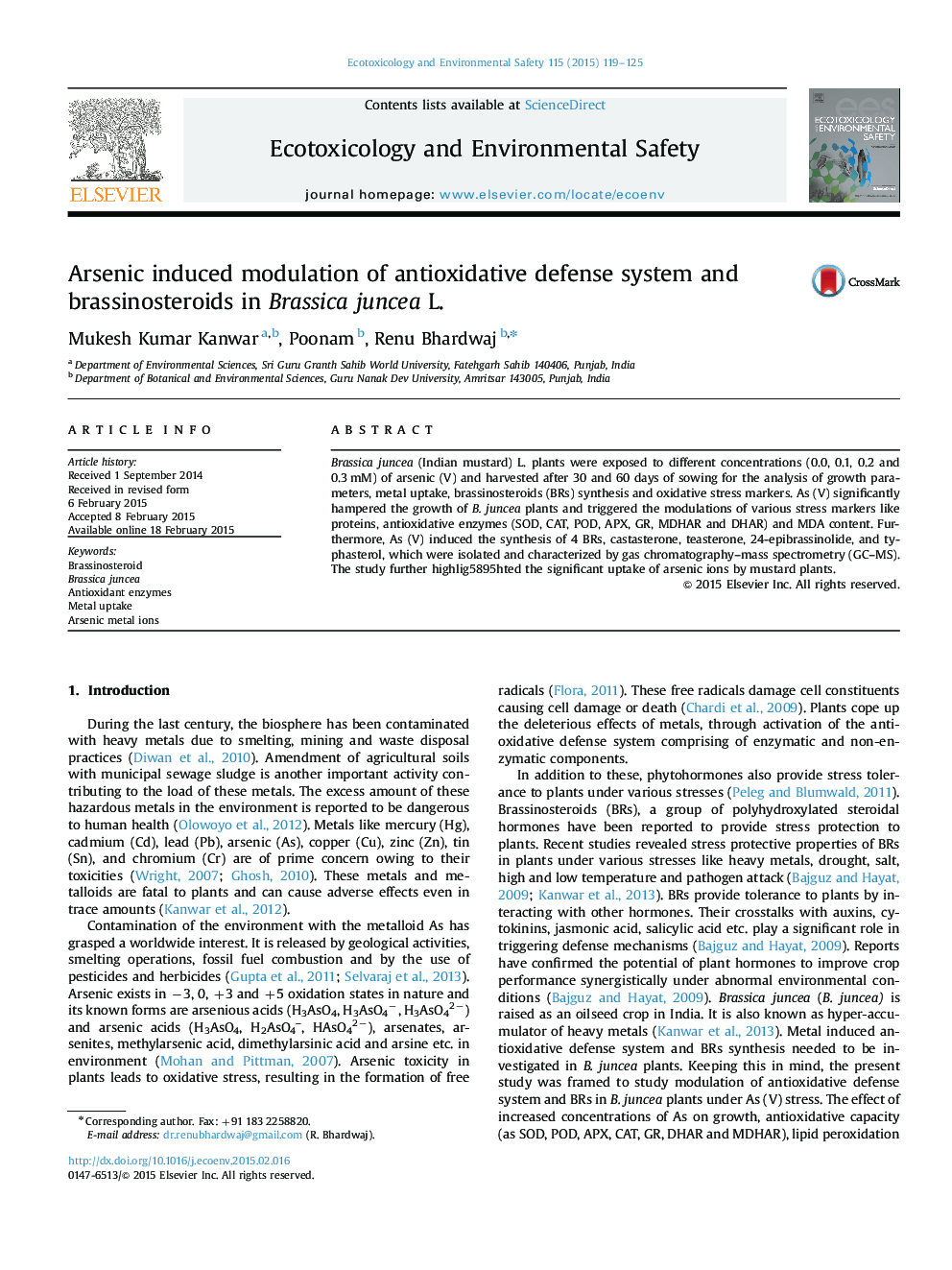 Arsenic induced modulation of antioxidative defense system and brassinosteroids in Brassica juncea L.