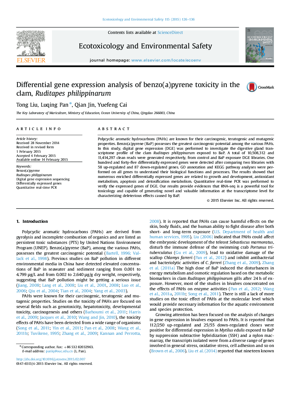 Differential gene expression analysis of benzo(a)pyrene toxicity in the clam, Ruditapes philippinarum