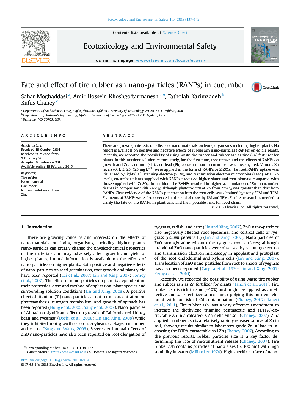 Fate and effect of tire rubber ash nano-particles (RANPs) in cucumber