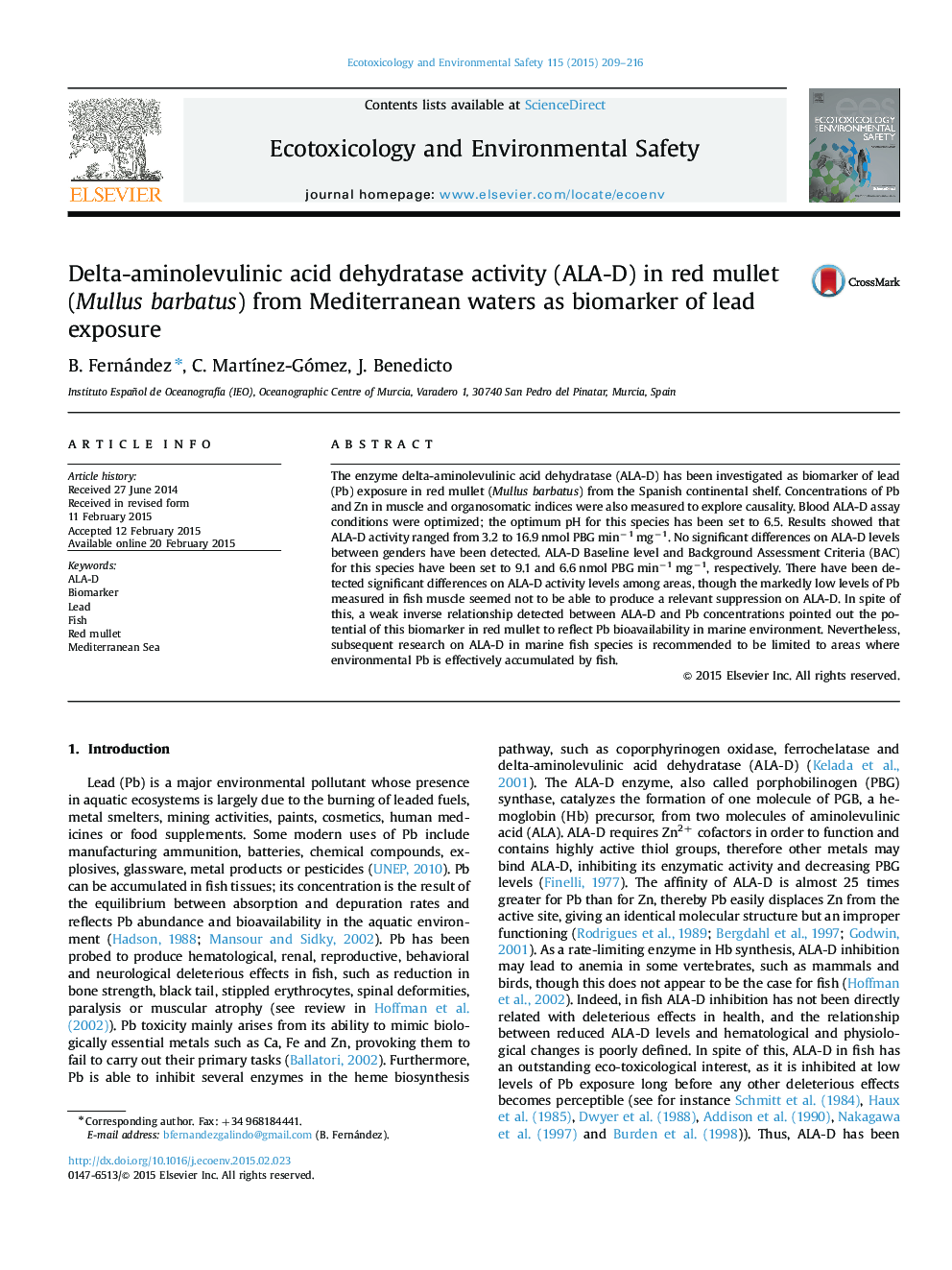 Delta-aminolevulinic acid dehydratase activity (ALA-D) in red mullet (Mullus barbatus) from Mediterranean waters as biomarker of lead exposure