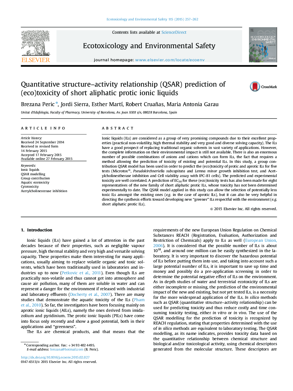 Quantitative structure–activity relationship (QSAR) prediction of (eco)toxicity of short aliphatic protic ionic liquids