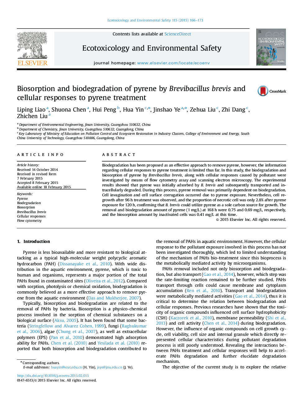 Biosorption and biodegradation of pyrene by Brevibacillus brevis and cellular responses to pyrene treatment