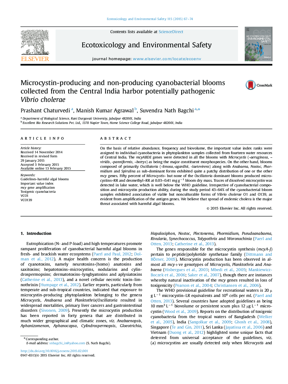 Microcystin-producing and non-producing cyanobacterial blooms collected from the Central India harbor potentially pathogenic Vibrio cholerae
