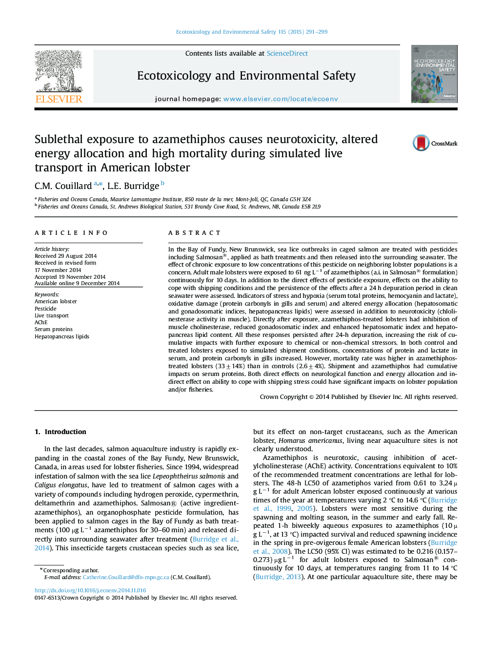 Sublethal exposure to azamethiphos causes neurotoxicity, altered energy allocation and high mortality during simulated live transport in American lobster