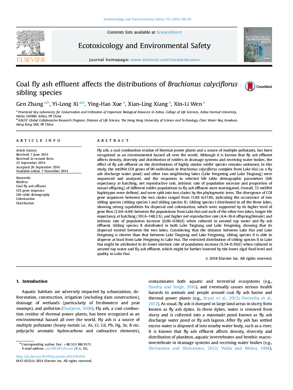 Coal fly ash effluent affects the distributions of Brachionus calyciflorus sibling species