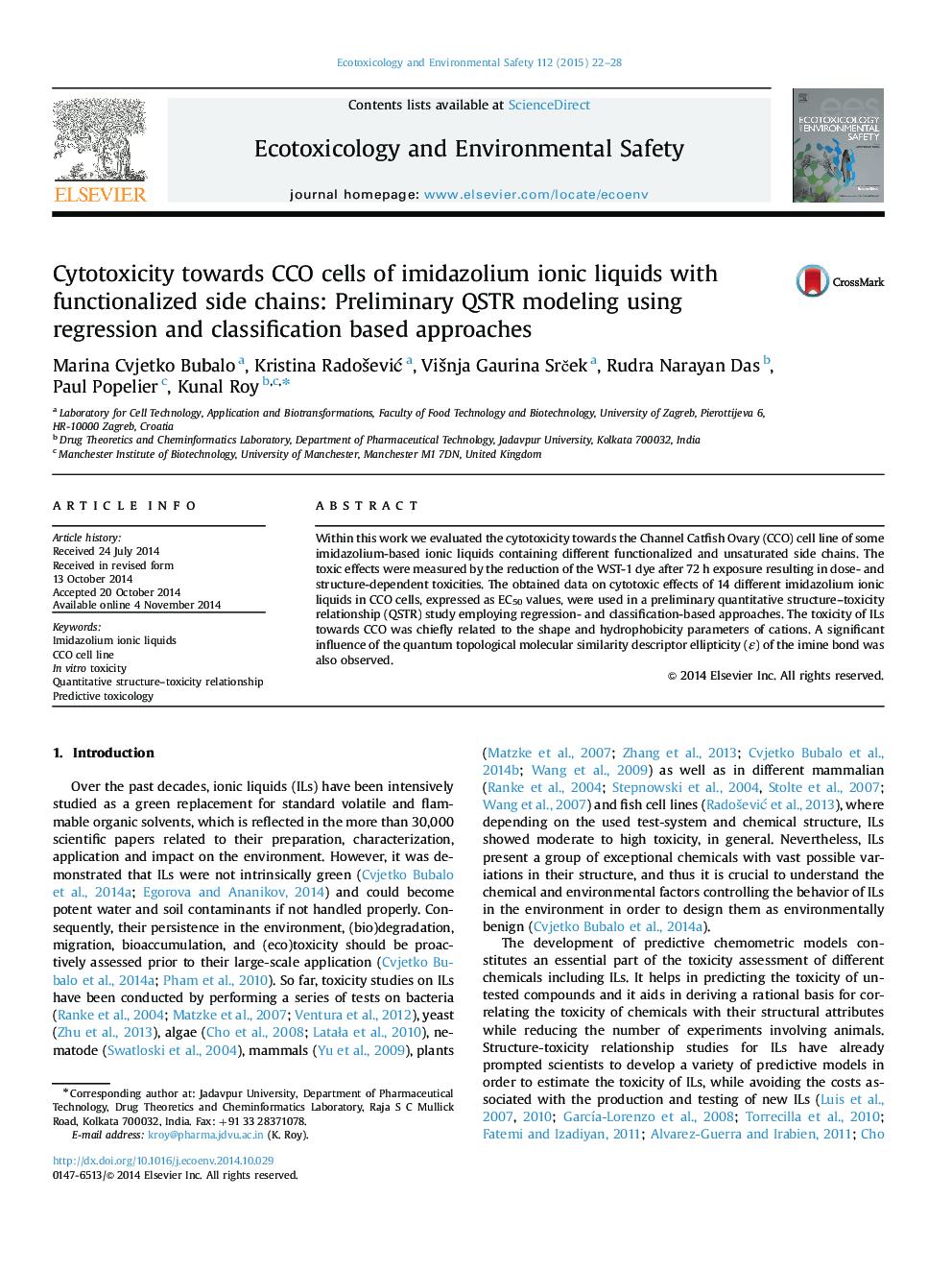 Cytotoxicity towards CCO cells of imidazolium ionic liquids with functionalized side chains: Preliminary QSTR modeling using regression and classification based approaches