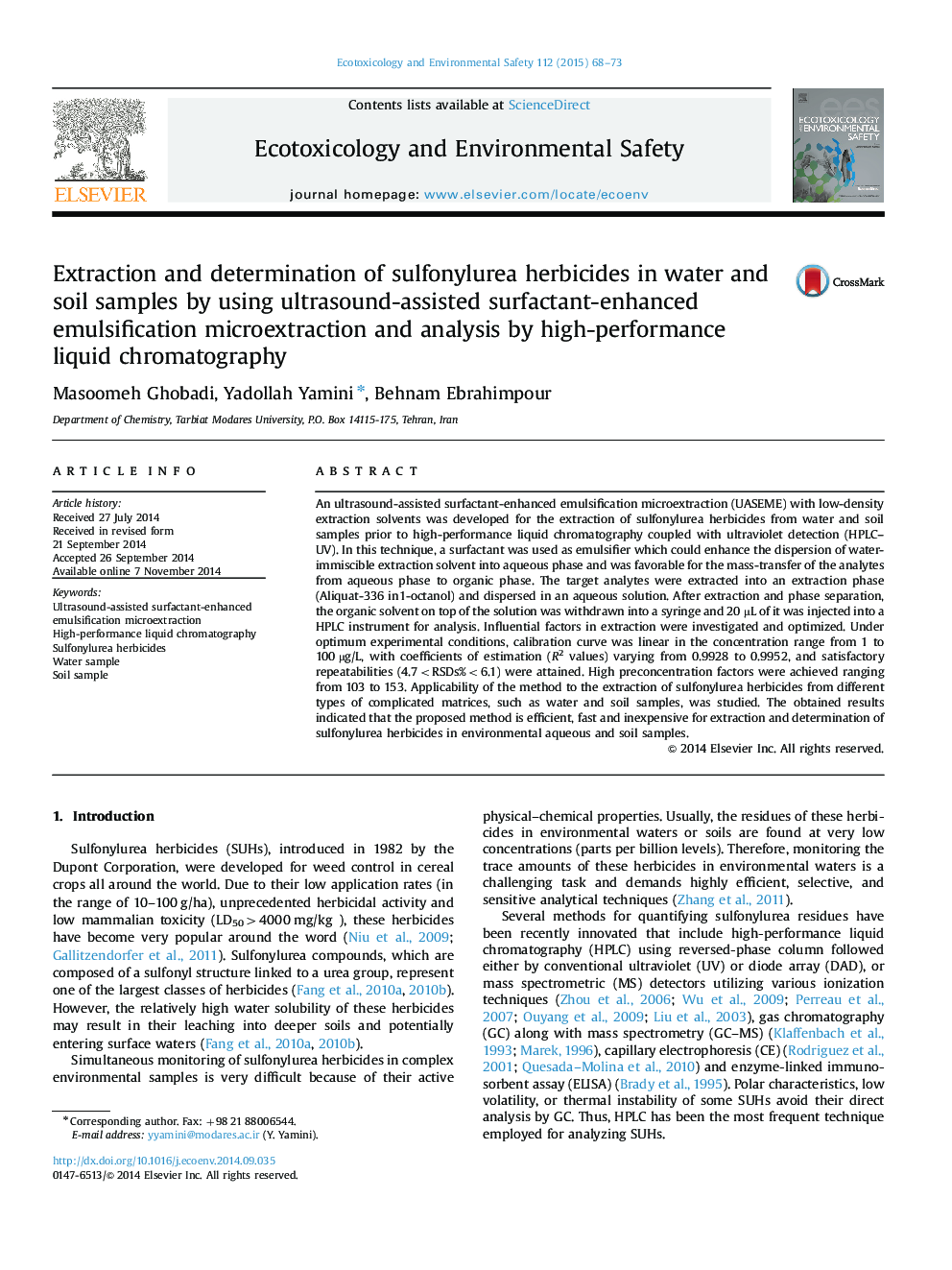 Extraction and determination of sulfonylurea herbicides in water and soil samples by using ultrasound-assisted surfactant-enhanced emulsification microextraction and analysis by high-performance liquid chromatography