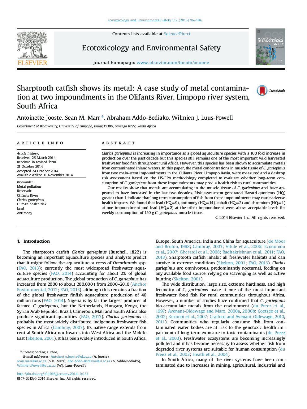 Sharptooth catfish shows its metal: A case study of metal contamination at two impoundments in the Olifants River, Limpopo river system, South Africa