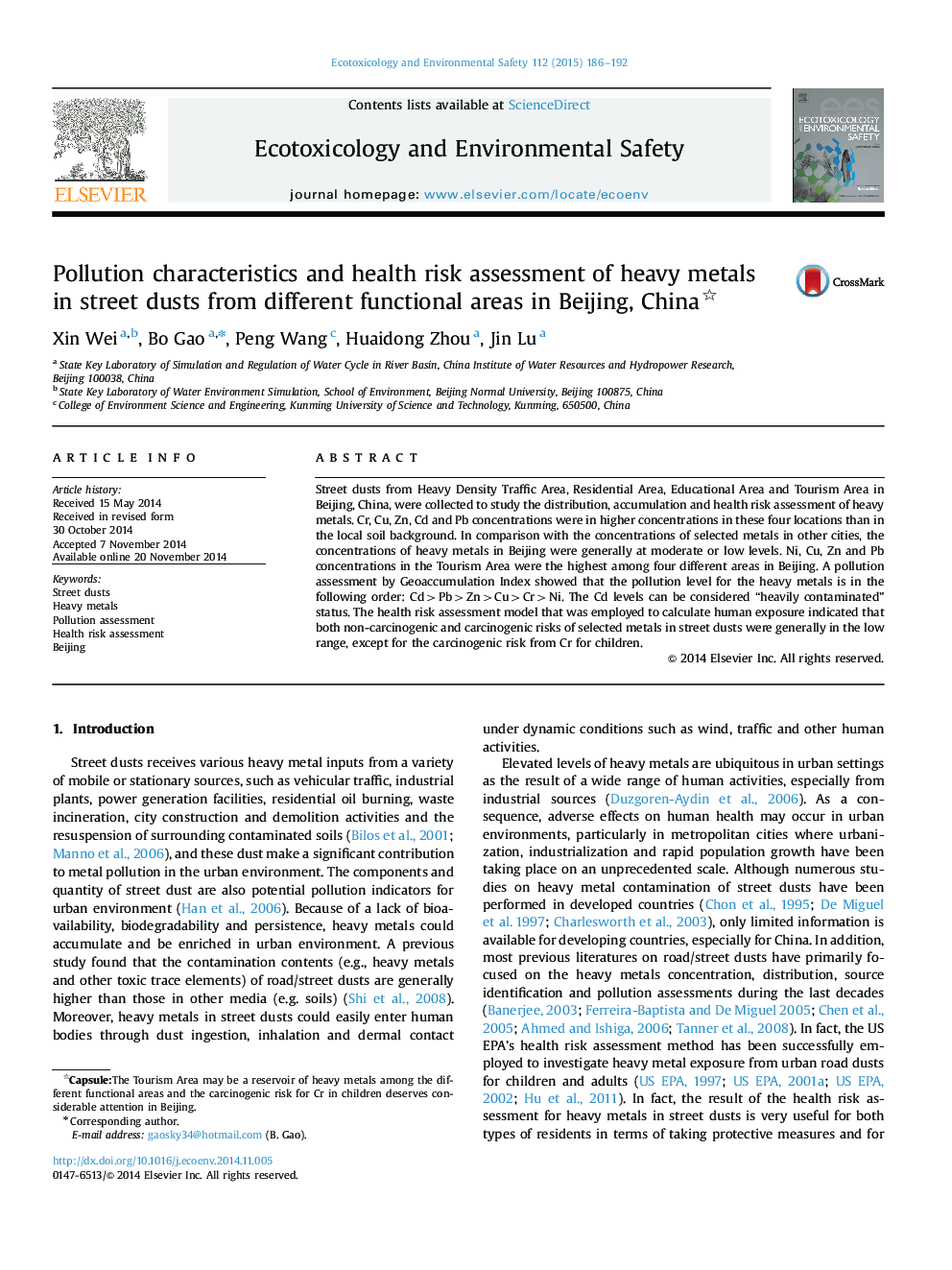 Pollution characteristics and health risk assessment of heavy metals in street dusts from different functional areas in Beijing, China 