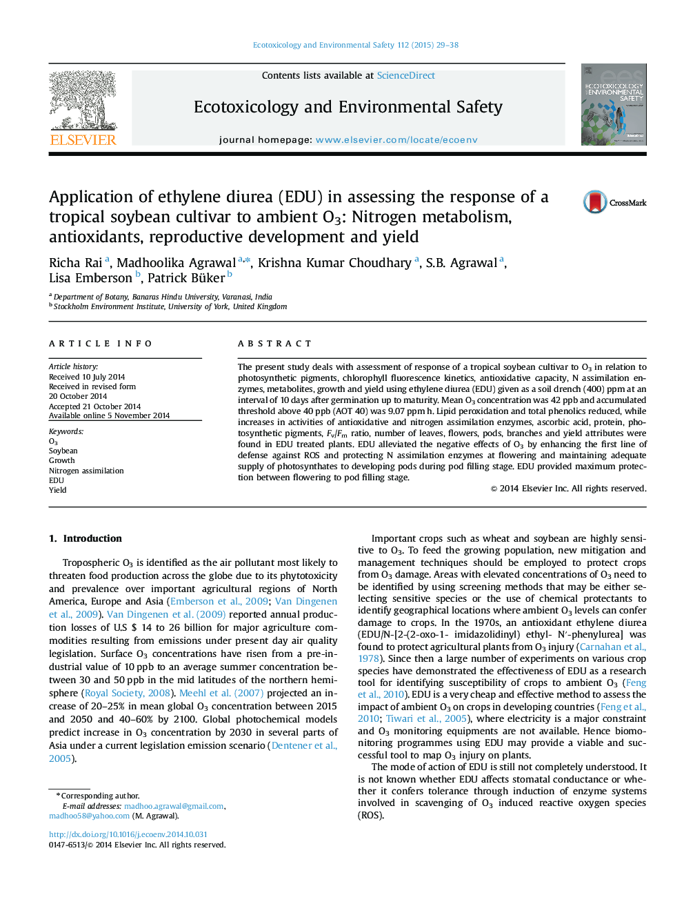 Application of ethylene diurea (EDU) in assessing the response of a tropical soybean cultivar to ambient O3: Nitrogen metabolism, antioxidants, reproductive development and yield