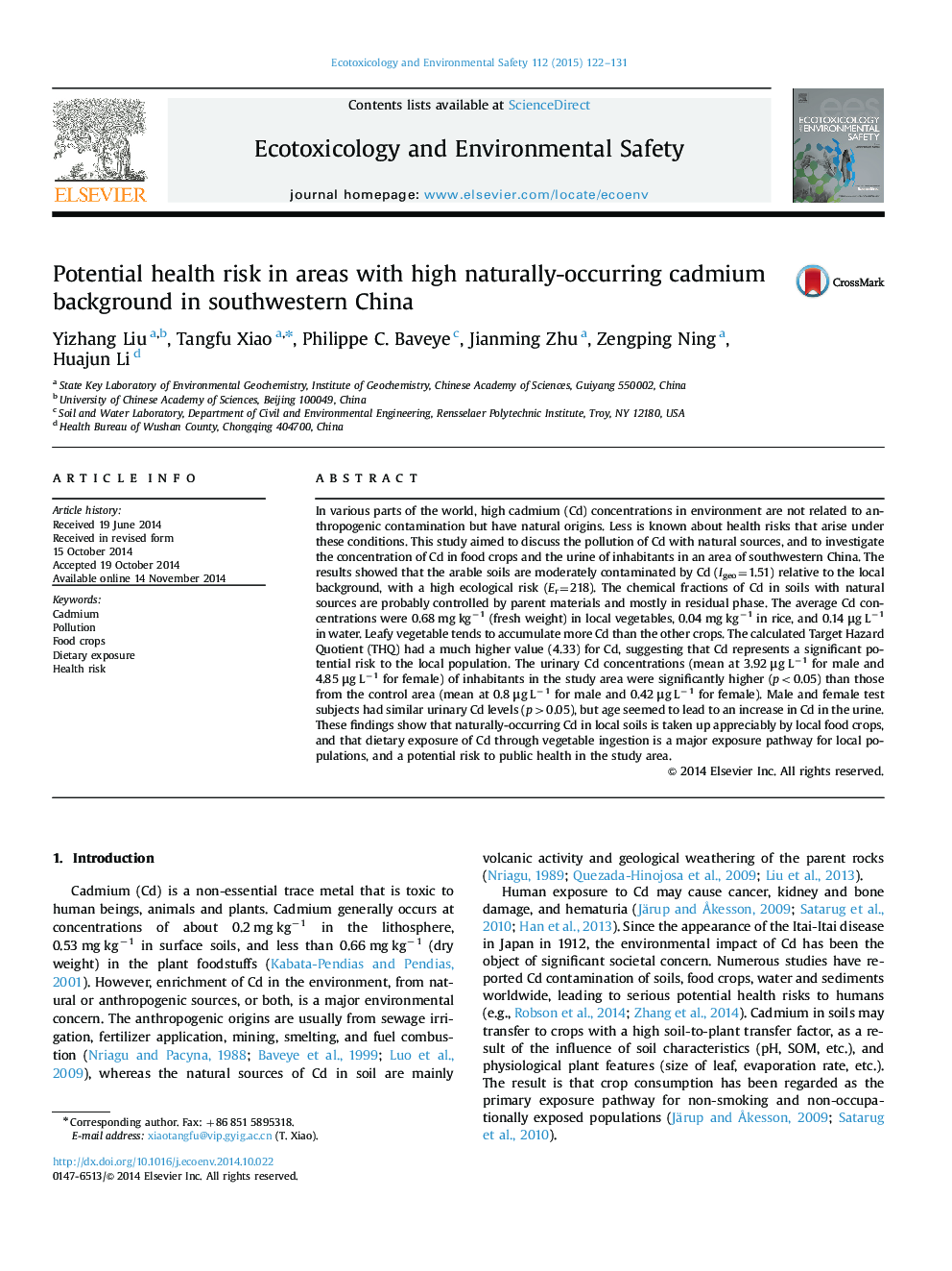 Potential health risk in areas with high naturally-occurring cadmium background in southwestern China