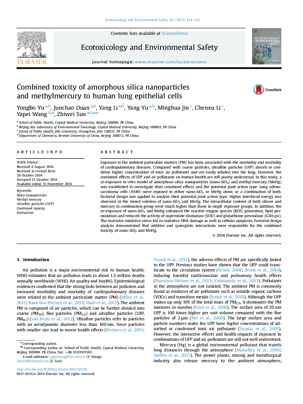 Combined toxicity of amorphous silica nanoparticles and methylmercury to human lung epithelial cells