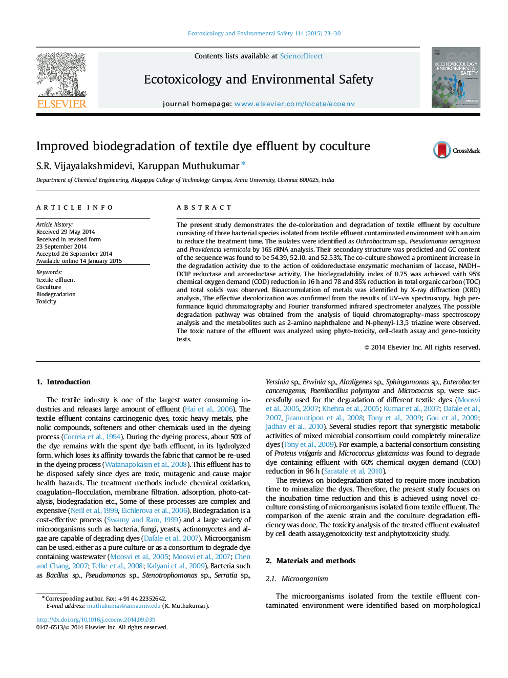 Improved biodegradation of textile dye effluent by coculture