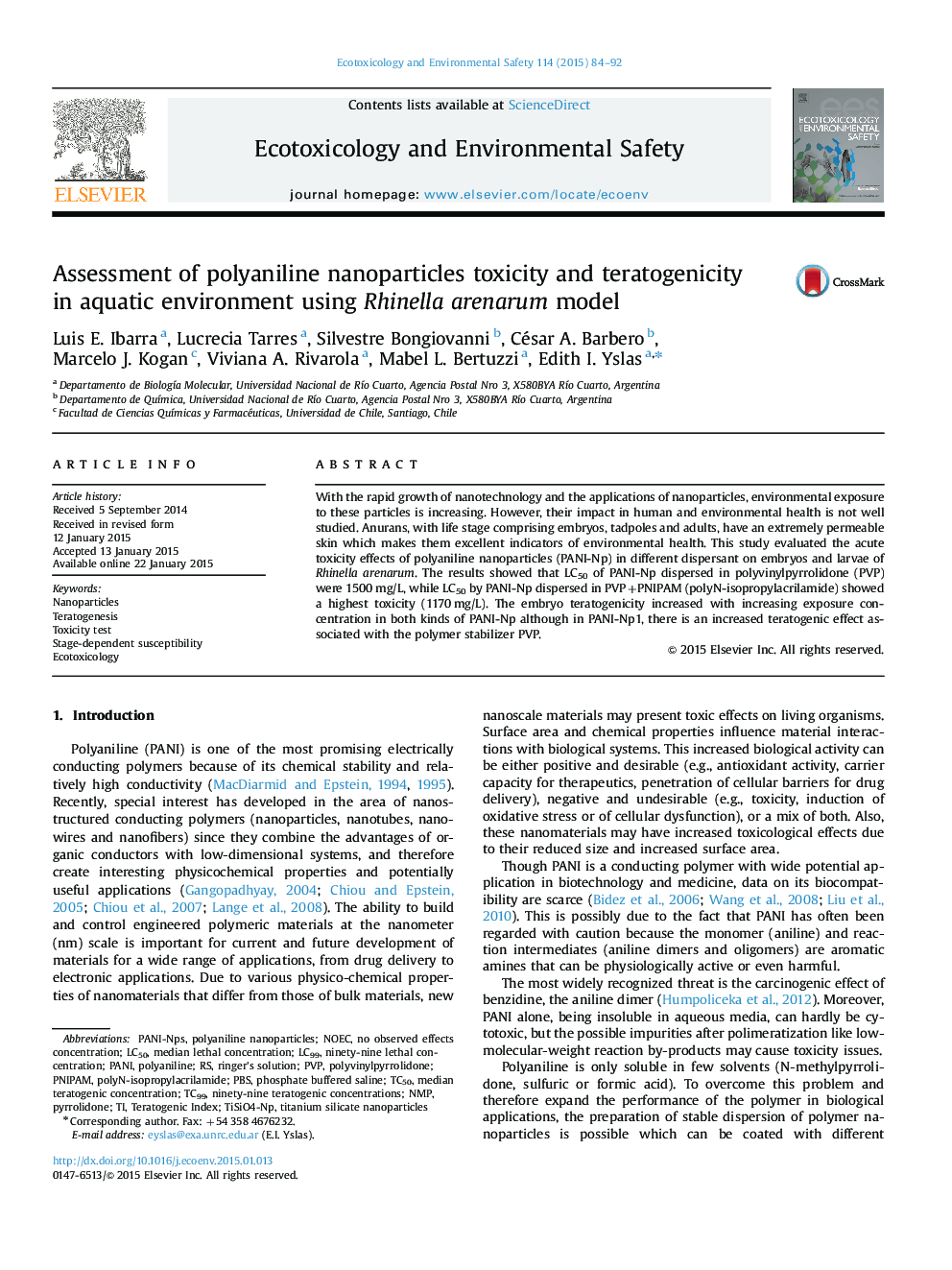 Assessment of polyaniline nanoparticles toxicity and teratogenicity in aquatic environment using Rhinella arenarum model