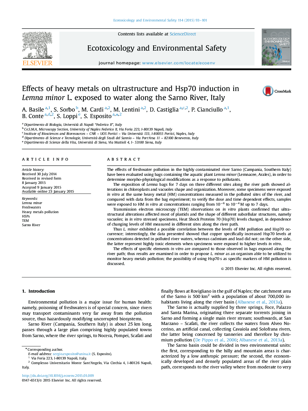 Effects of heavy metals on ultrastructure and Hsp70 induction in Lemna minor L. exposed to water along the Sarno River, Italy