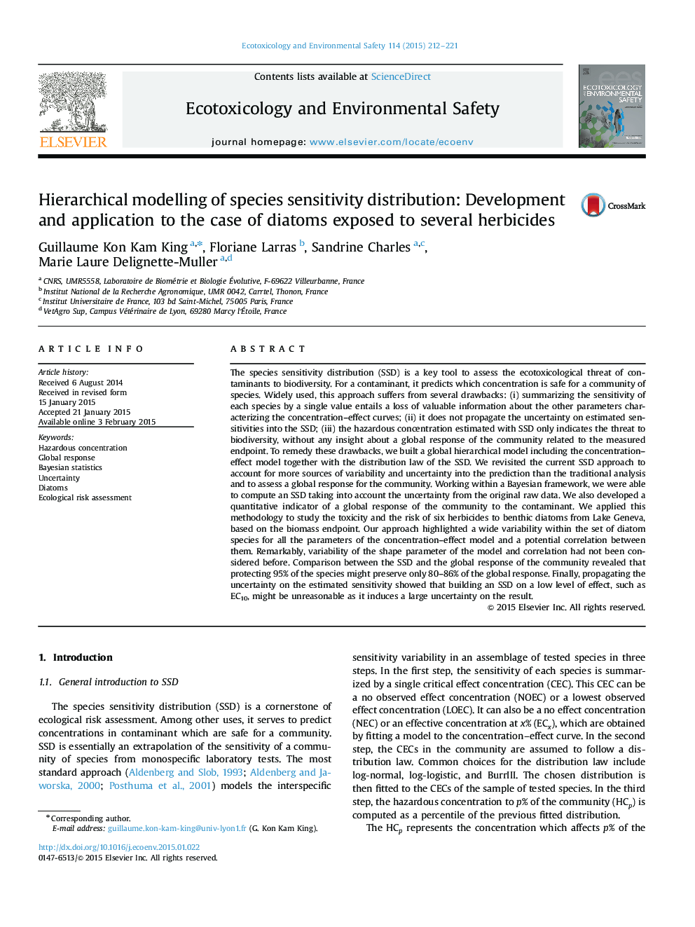 مدلسازی سلسله مراتبی توزیع حساسیت گونه: توسعه و کاربرد در مورد دیاتومهای موجود در معرض چند علف کش 