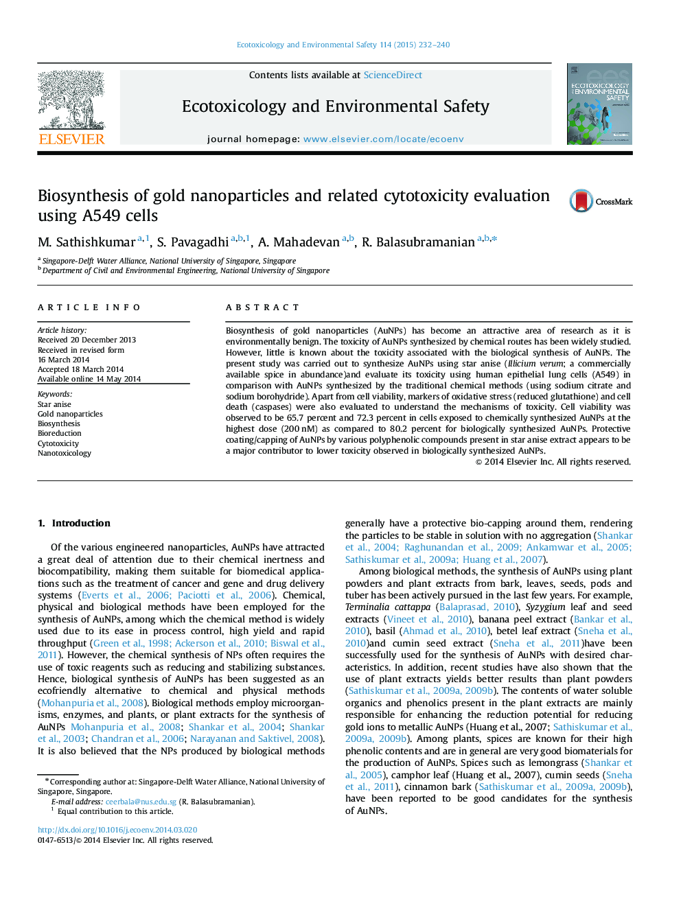 Biosynthesis of gold nanoparticles and related cytotoxicity evaluation using A549 cells