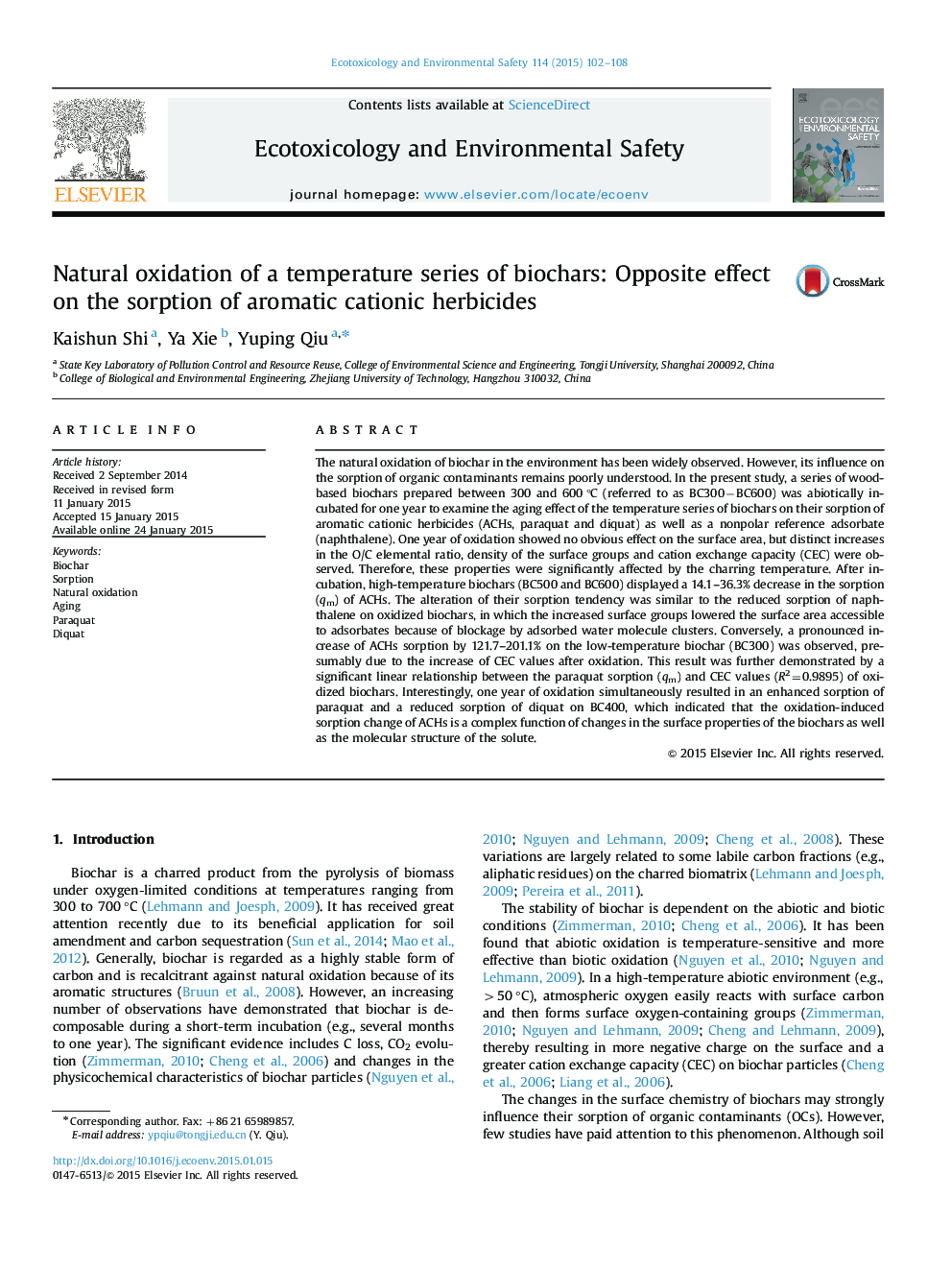 Natural oxidation of a temperature series of biochars: Opposite effect on the sorption of aromatic cationic herbicides