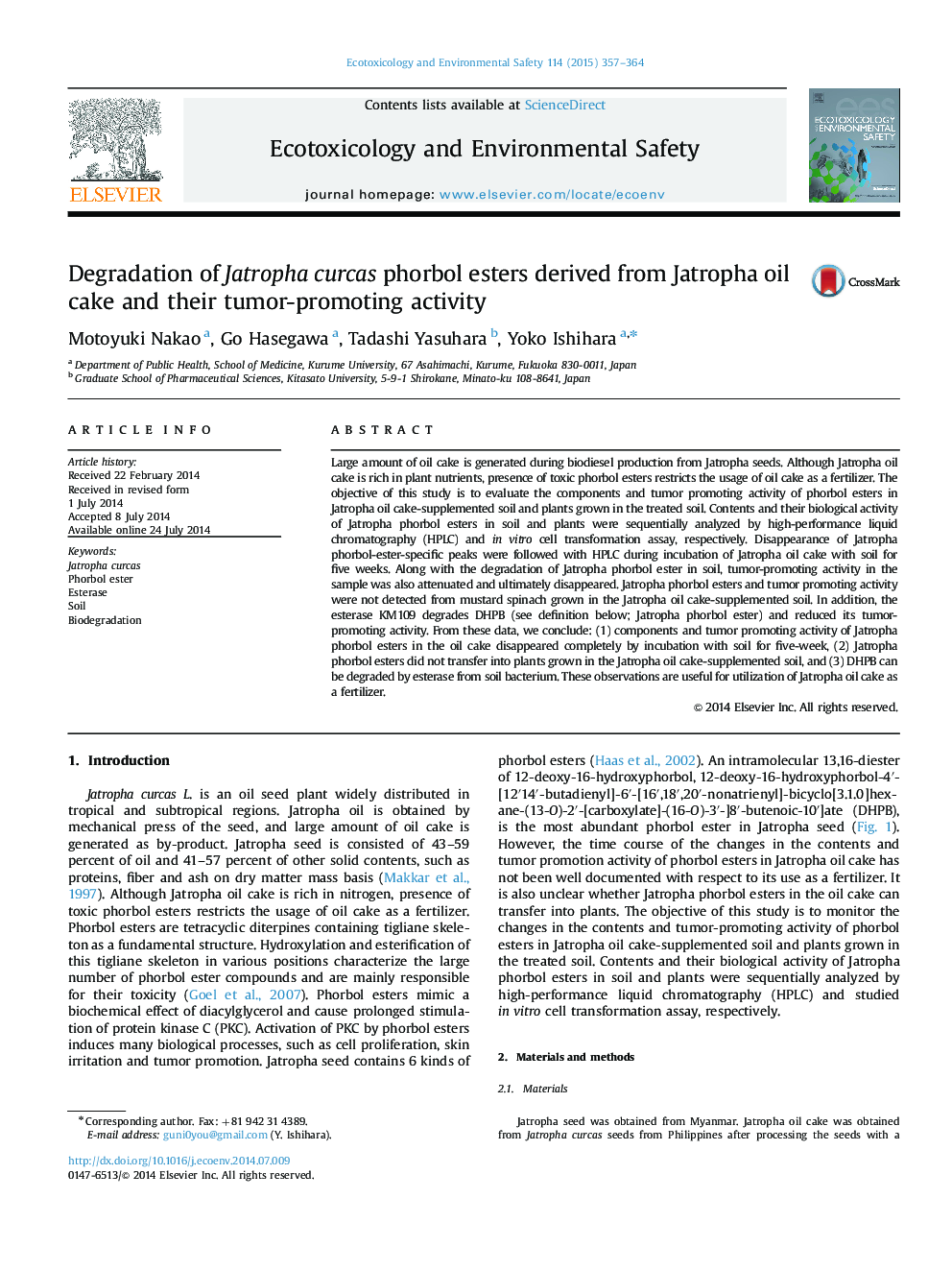 Degradation of Jatropha curcas phorbol esters derived from Jatropha oil cake and their tumor-promoting activity