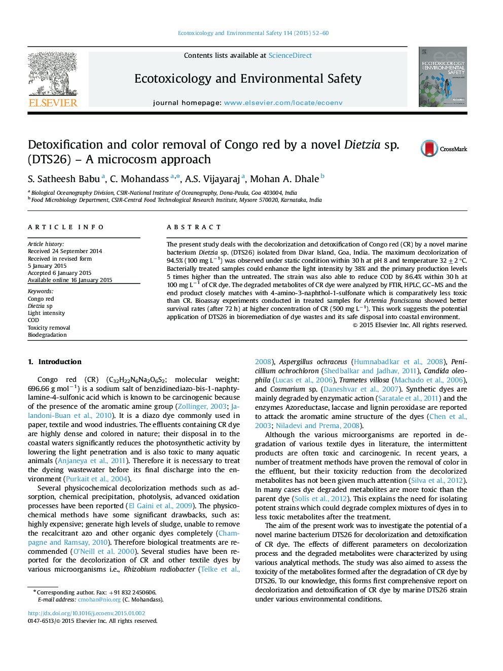 Detoxification and color removal of Congo red by a novel Dietzia sp. (DTS26) – A microcosm approach