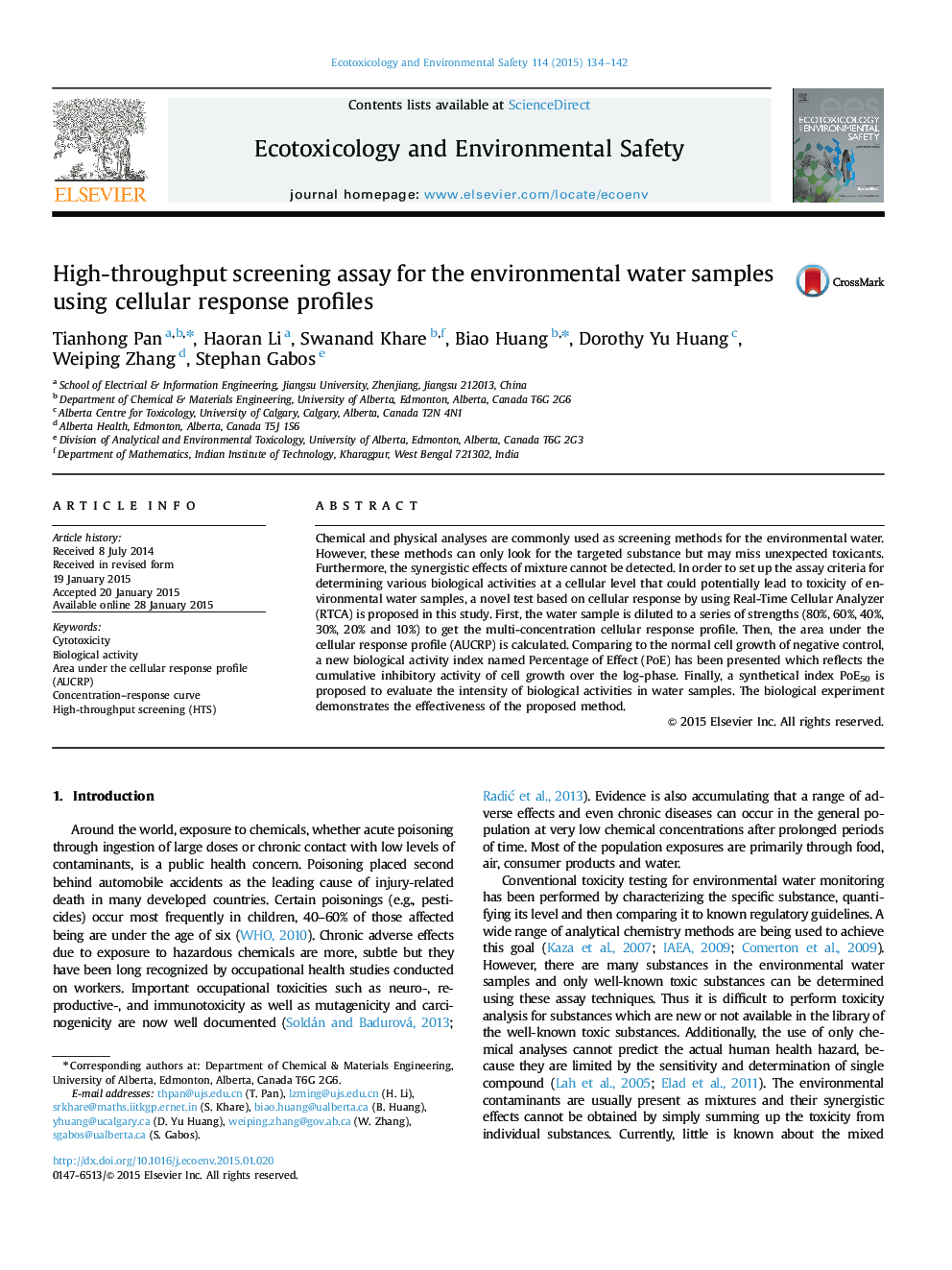 High-throughput screening assay for the environmental water samples using cellular response profiles