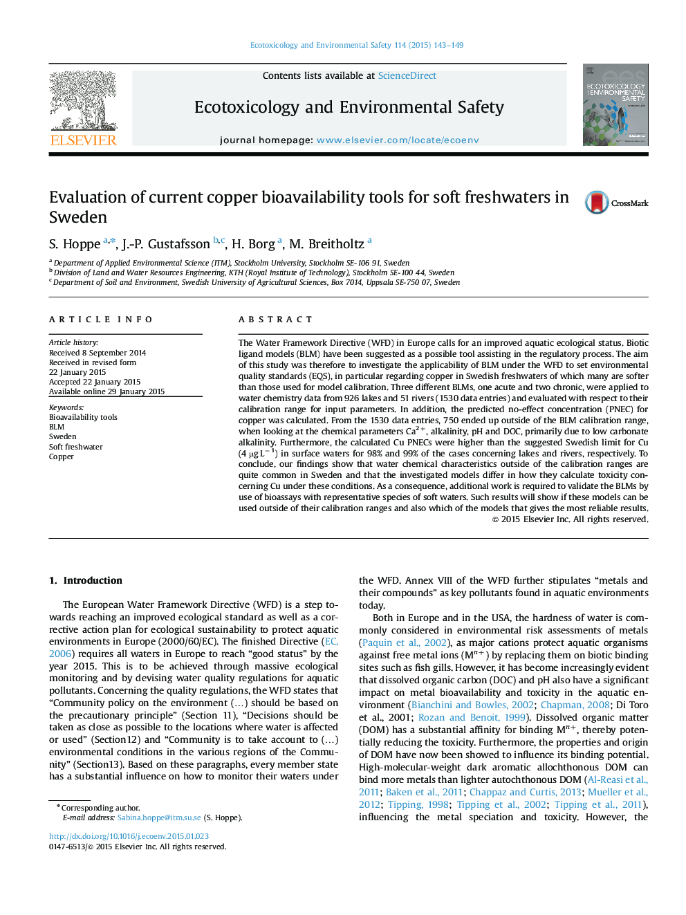 Evaluation of current copper bioavailability tools for soft freshwaters in Sweden