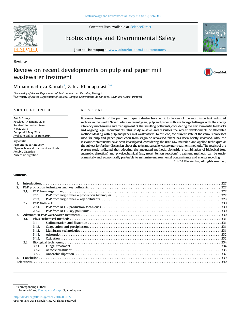 Review on recent developments on pulp and paper mill wastewater treatment