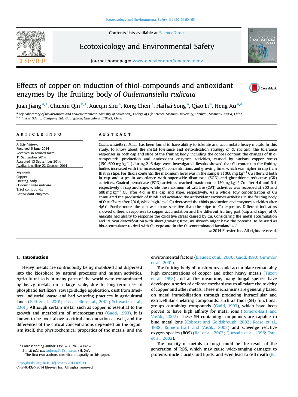 Effects of copper on induction of thiol-compounds and antioxidant enzymes by the fruiting body of Oudemansiella radicata