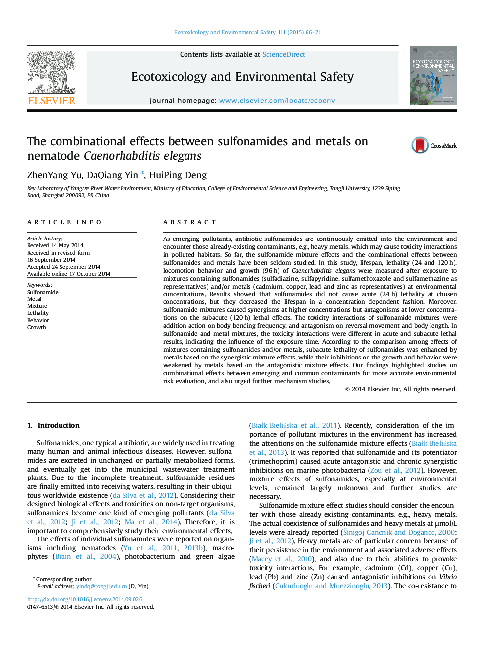 The combinational effects between sulfonamides and metals on nematode Caenorhabditis elegans