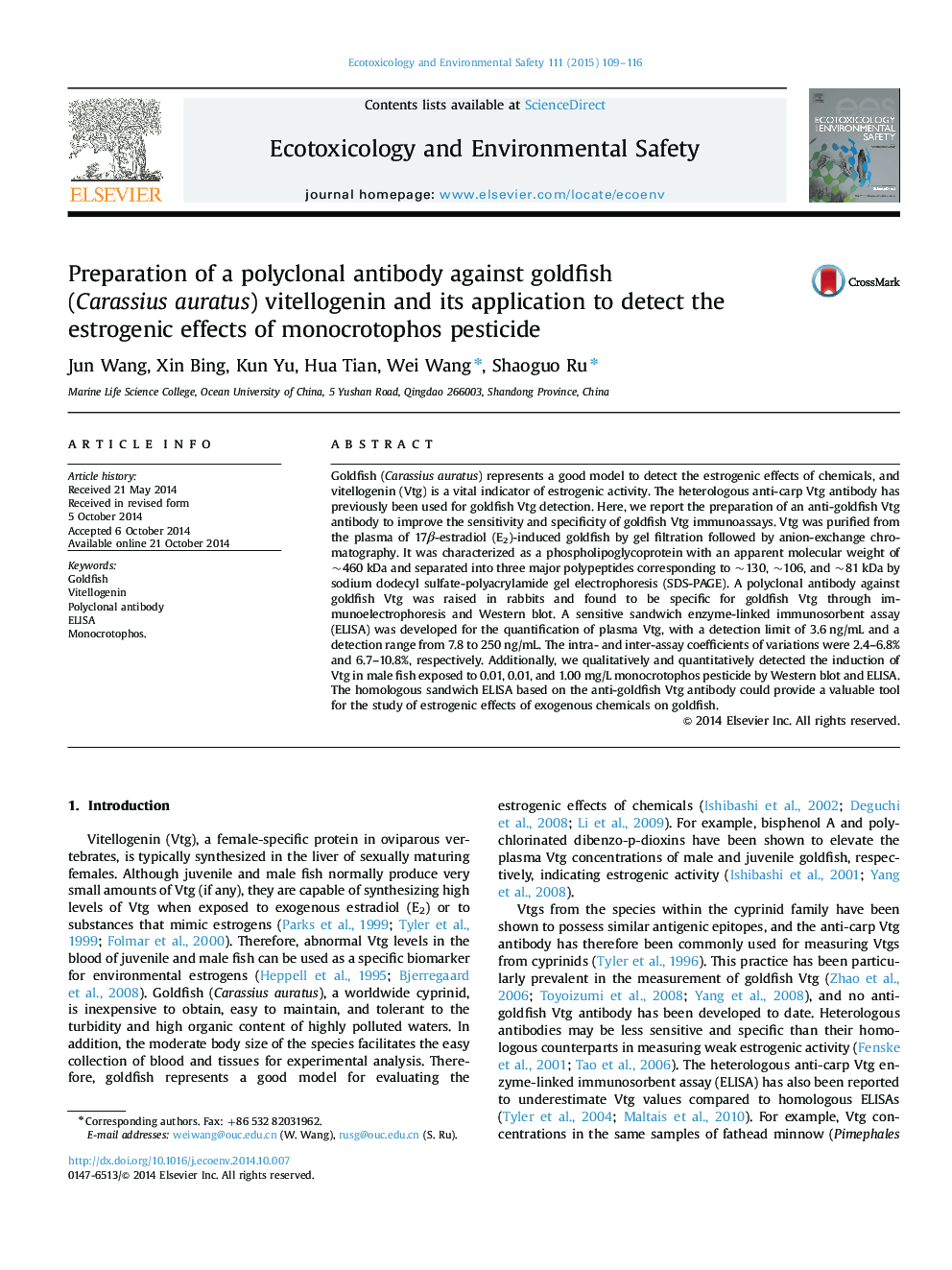 Preparation of a polyclonal antibody against goldfish (Carassius auratus) vitellogenin and its application to detect the estrogenic effects of monocrotophos pesticide