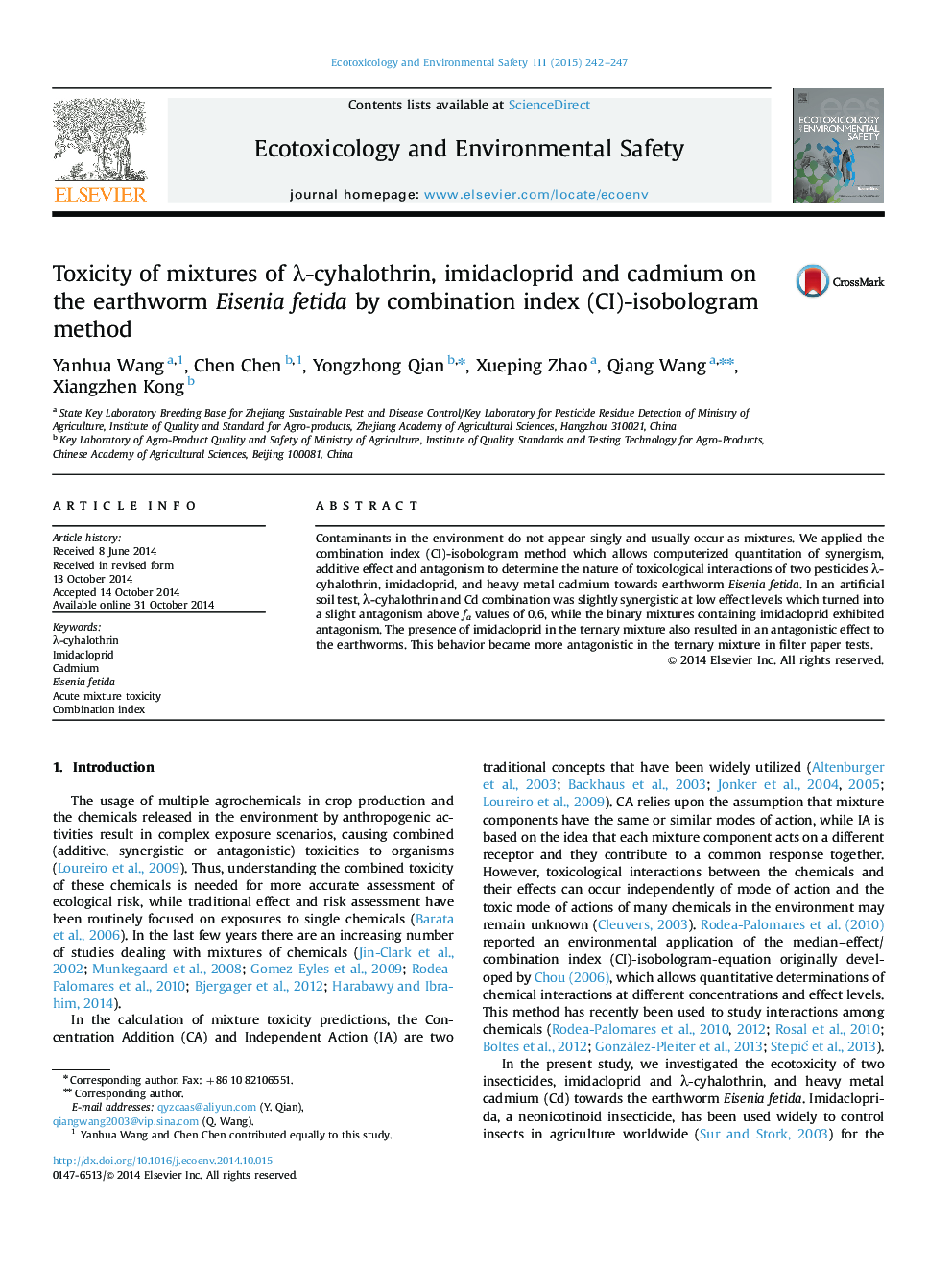 Toxicity of mixtures of λ-cyhalothrin, imidacloprid and cadmium on the earthworm Eisenia fetida by combination index (CI)-isobologram method