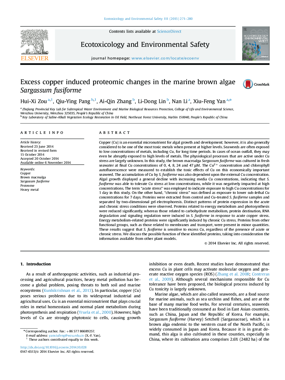 Excess copper induced proteomic changes in the marine brown algae Sargassum fusiforme