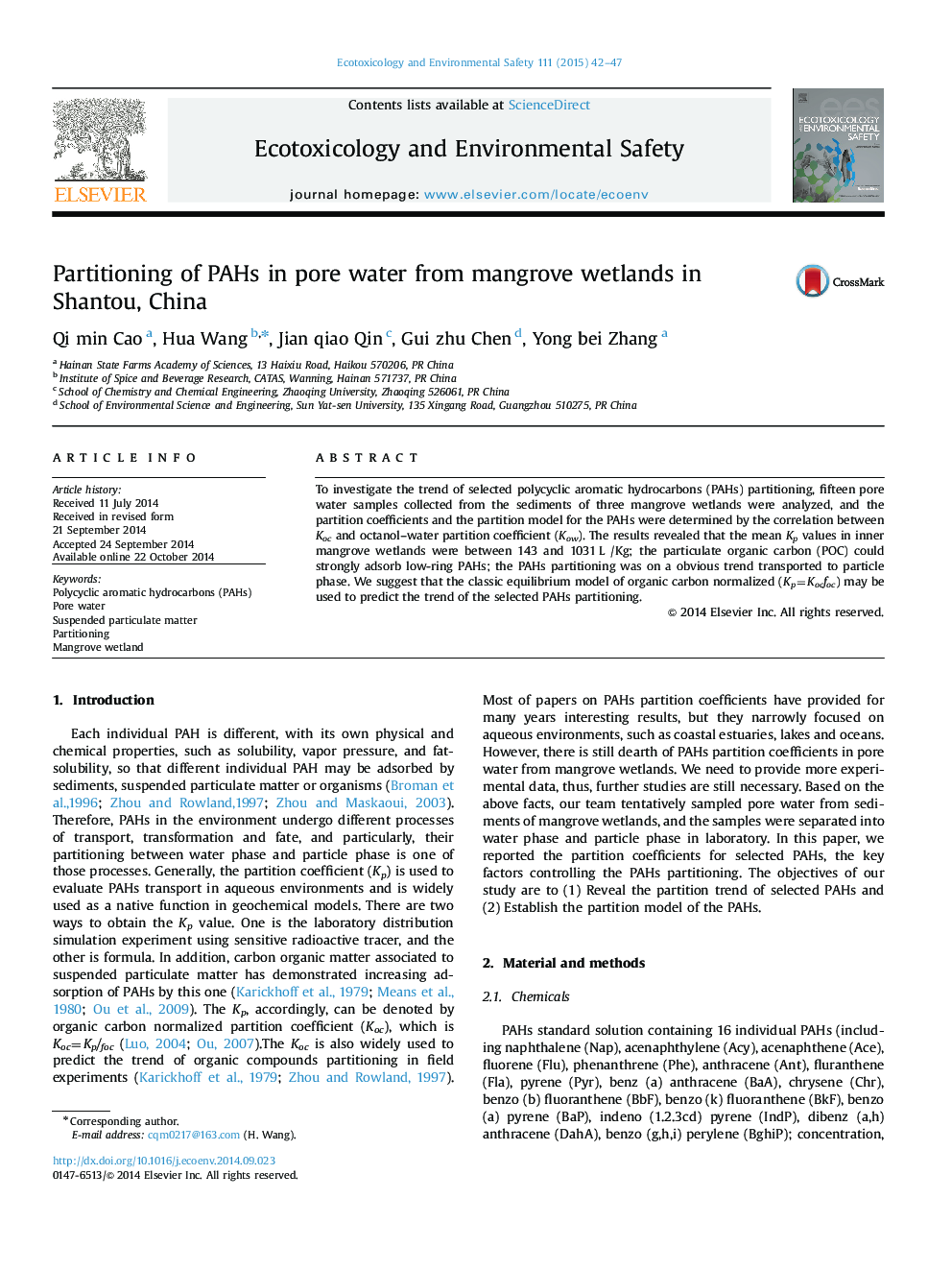 Partitioning of PAHs in pore water from mangrove wetlands in Shantou, China