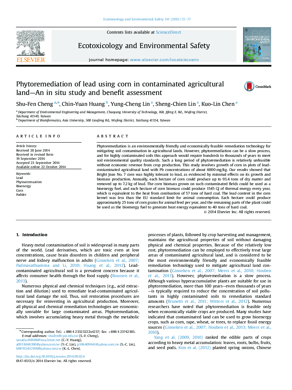 Phytoremediation of lead using corn in contaminated agricultural land—An in situ study and benefit assessment