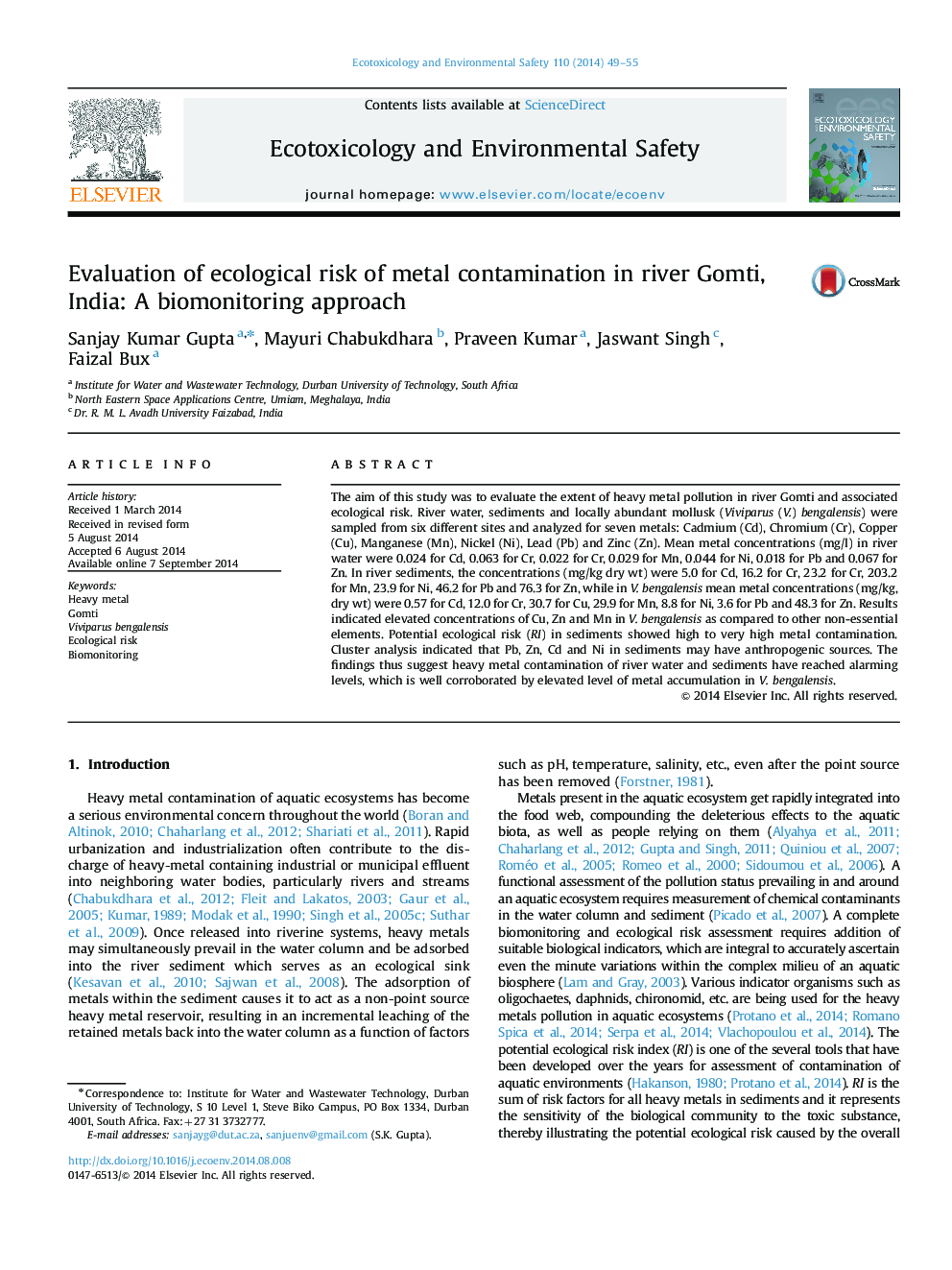 Evaluation of ecological risk of metal contamination in river Gomti, India: A biomonitoring approach