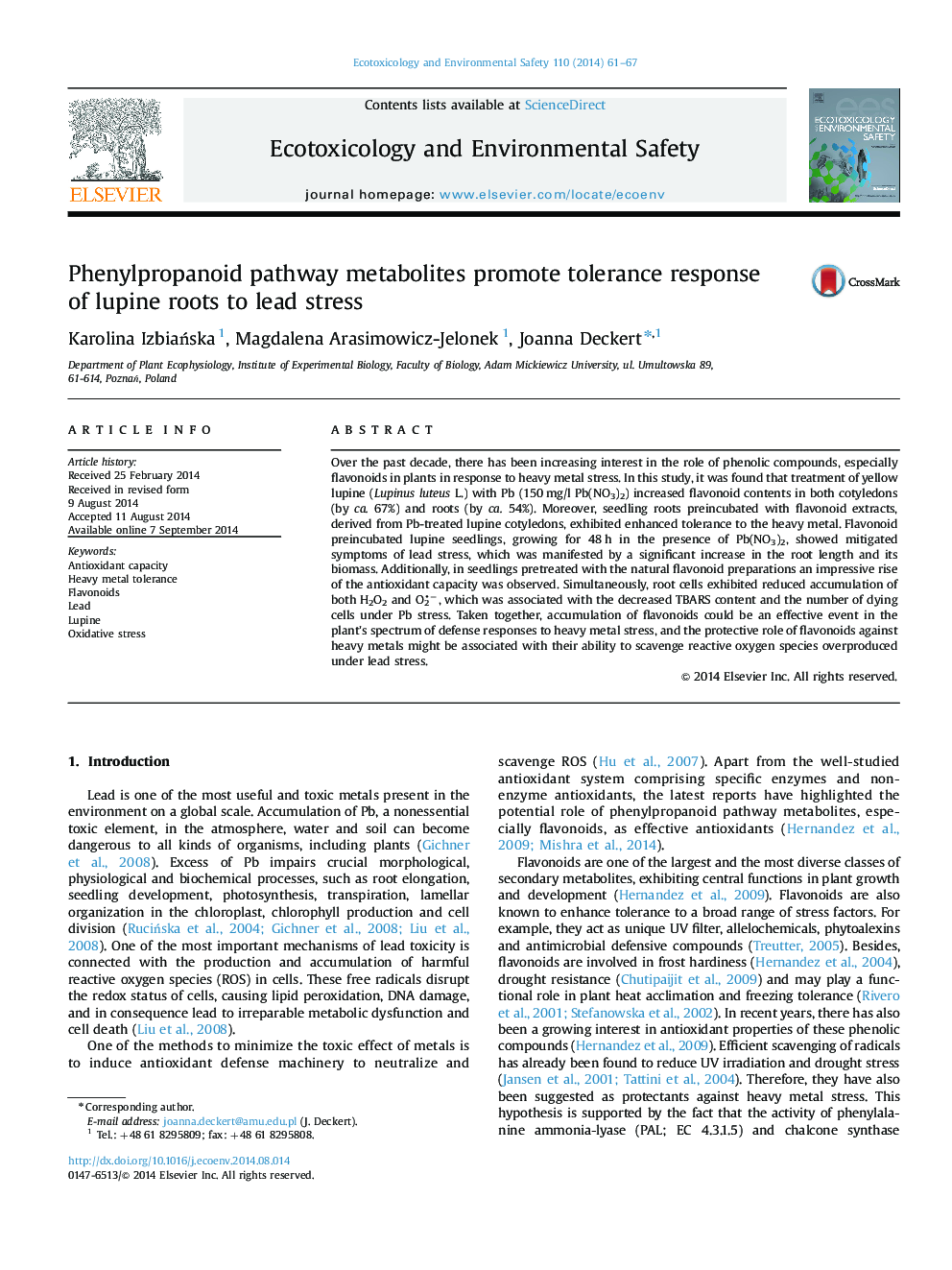 Phenylpropanoid pathway metabolites promote tolerance response of lupine roots to lead stress