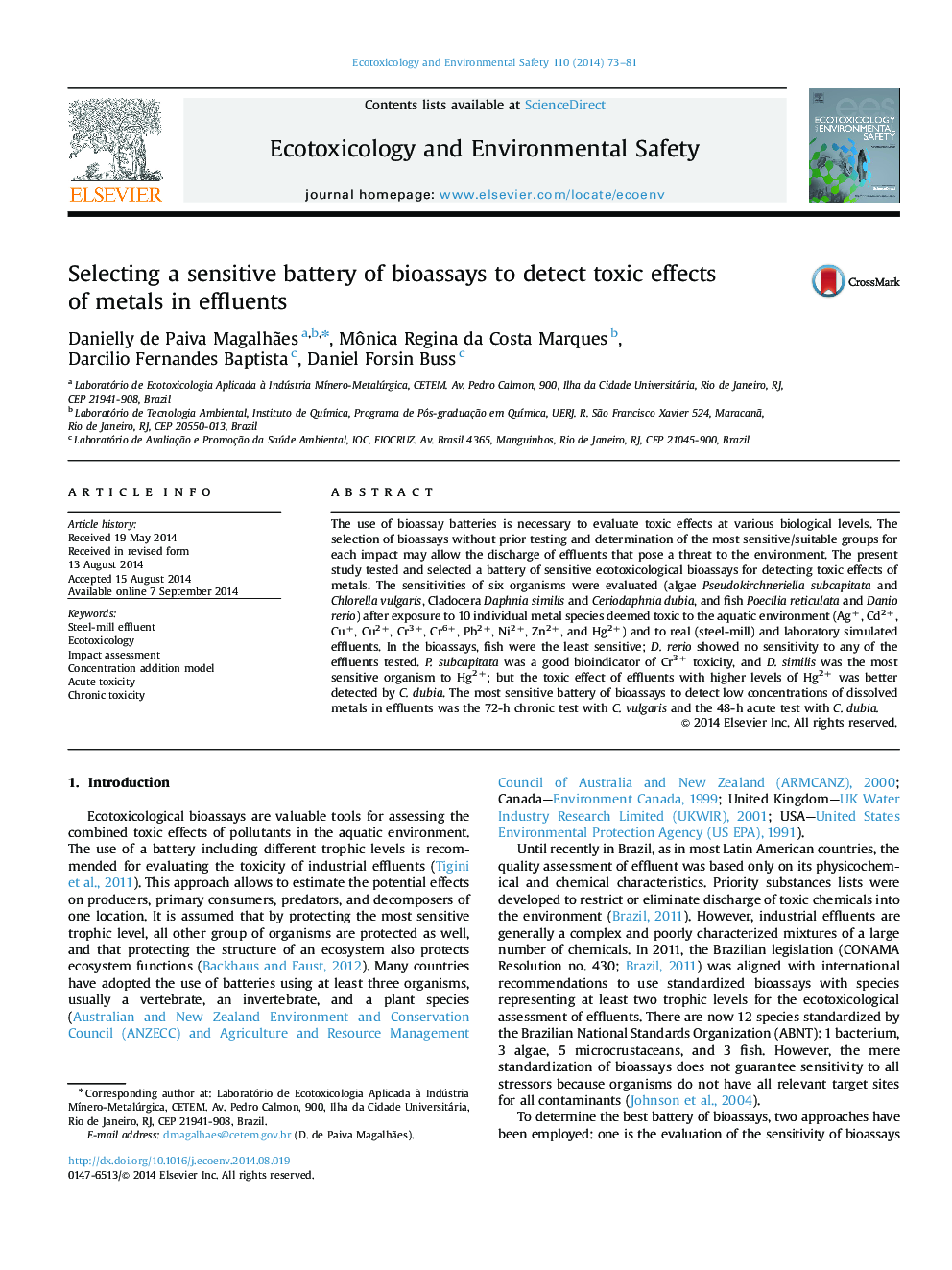 Selecting a sensitive battery of bioassays to detect toxic effects of metals in effluents