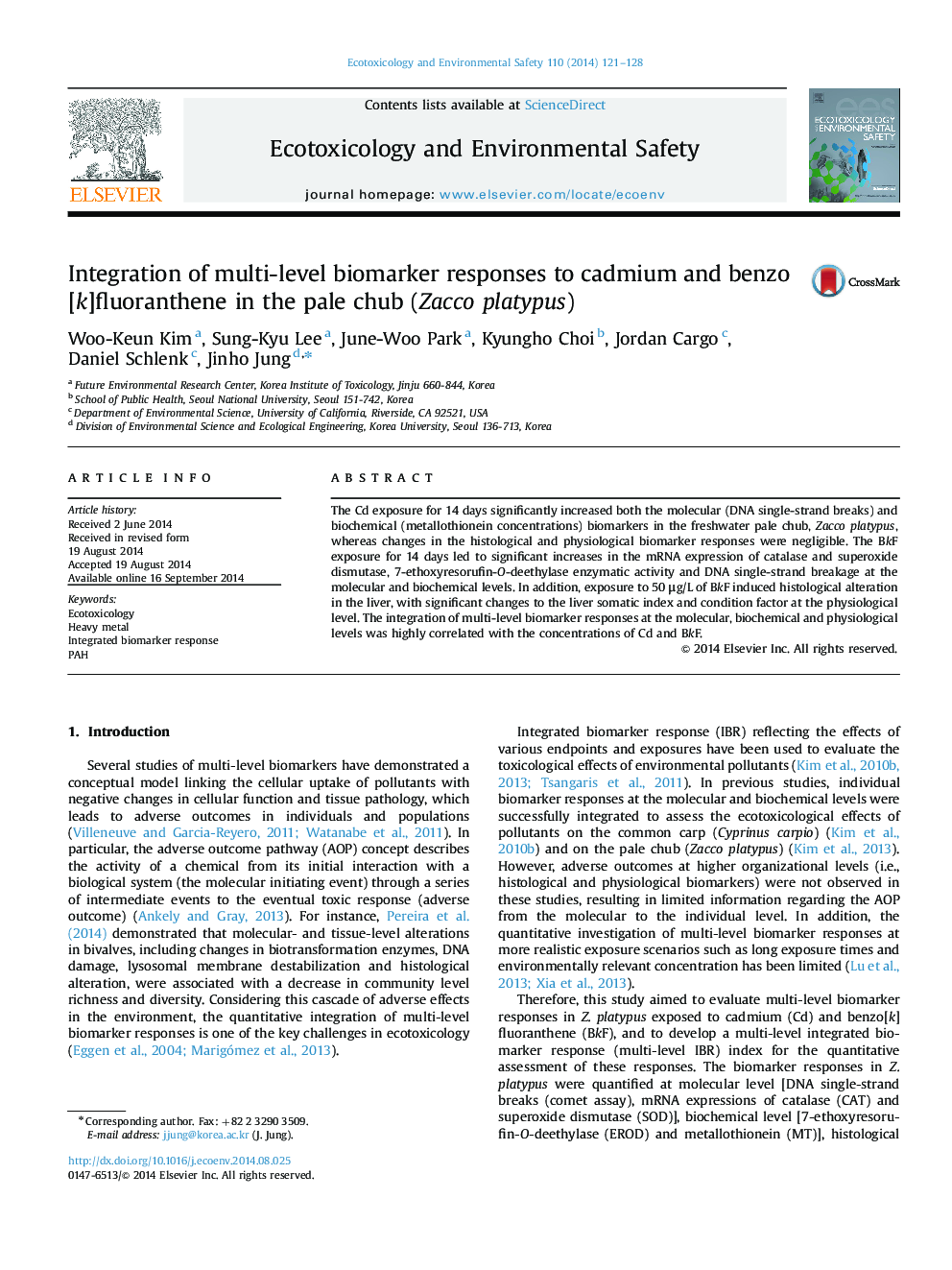 Integration of multi-level biomarker responses to cadmium and benzo[k]fluoranthene in the pale chub (Zacco platypus)