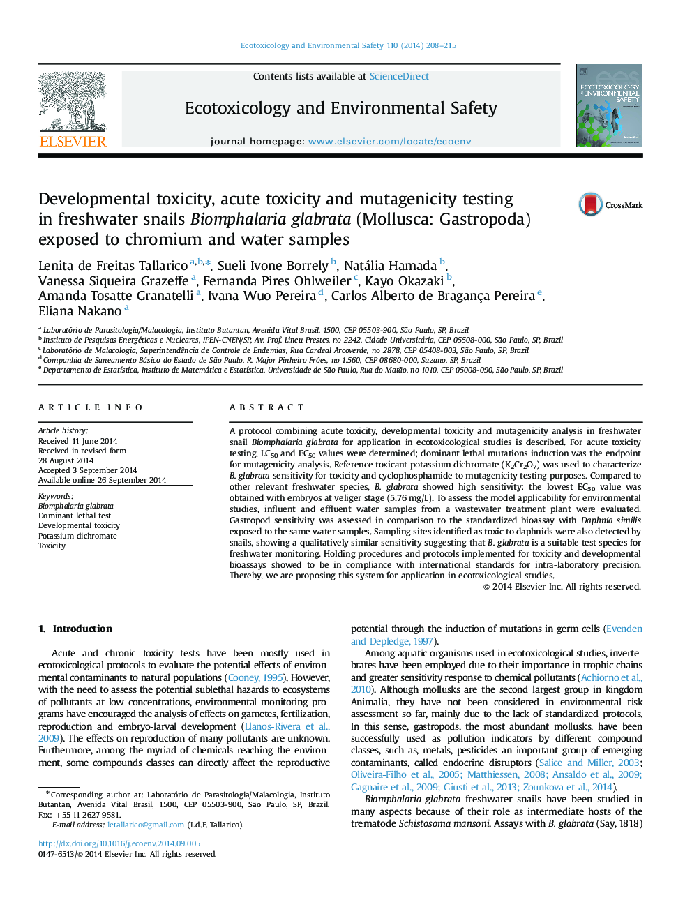 Developmental toxicity, acute toxicity and mutagenicity testing in freshwater snails Biomphalaria glabrata (Mollusca: Gastropoda) exposed to chromium and water samples