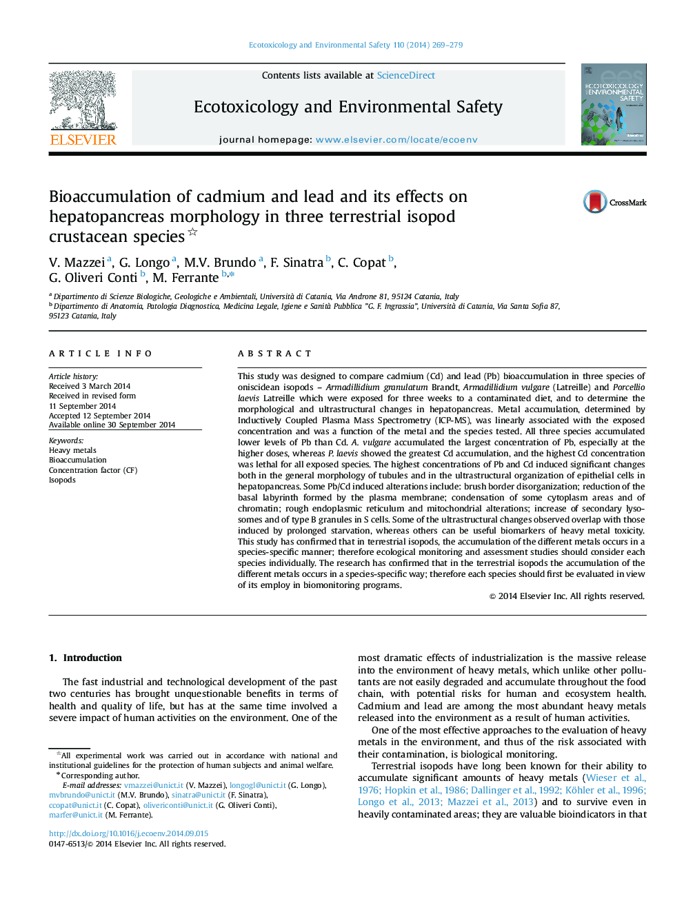 Bioaccumulation of cadmium and lead and its effects on hepatopancreas morphology in three terrestrial isopod crustacean species 