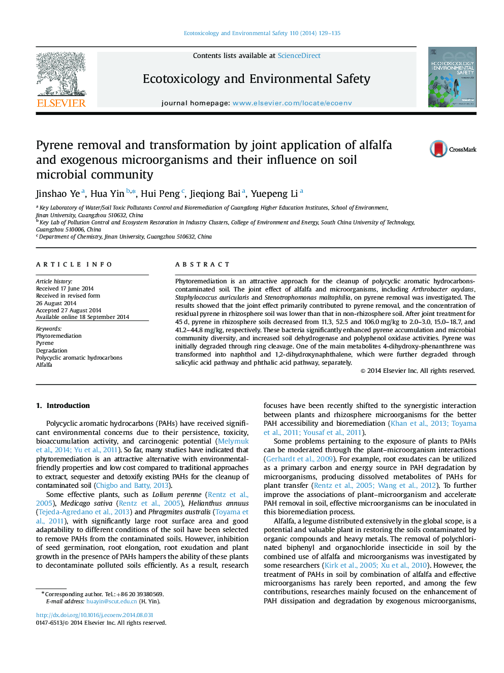 Pyrene removal and transformation by joint application of alfalfa and exogenous microorganisms and their influence on soil microbial community