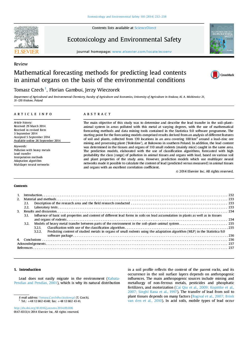 Mathematical forecasting methods for predicting lead contents in animal organs on the basis of the environmental conditions