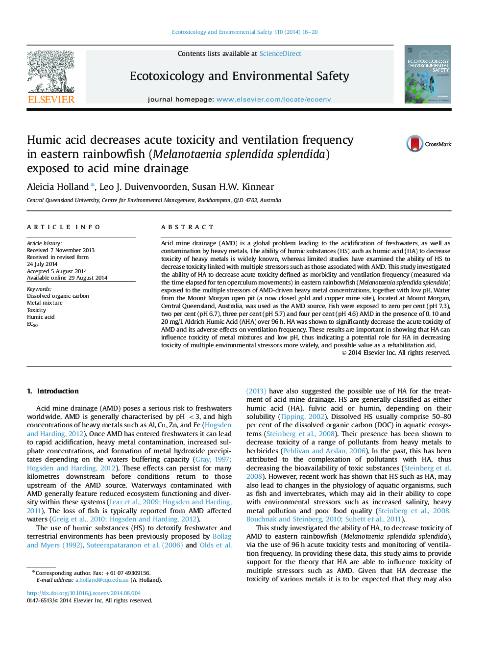 Humic acid decreases acute toxicity and ventilation frequency in eastern rainbowfish (Melanotaenia splendida splendida) exposed to acid mine drainage