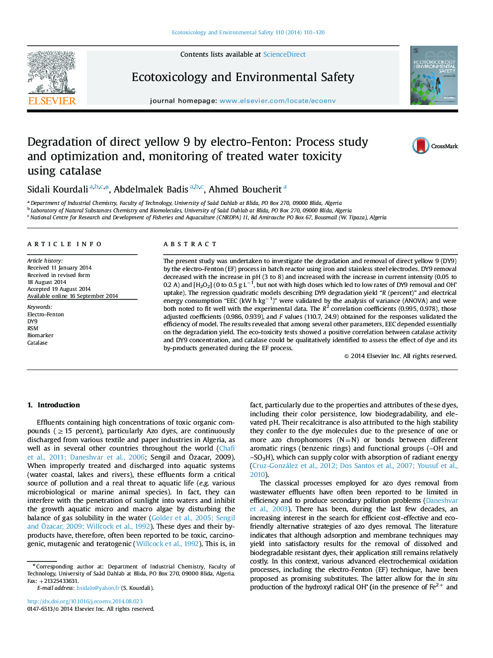 Degradation of direct yellow 9 by electro-Fenton: Process study and optimization and, monitoring of treated water toxicity using catalase